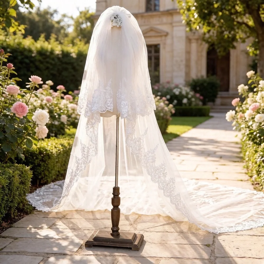 Lace-Trim Bridal Veil in Ivory 3.5M